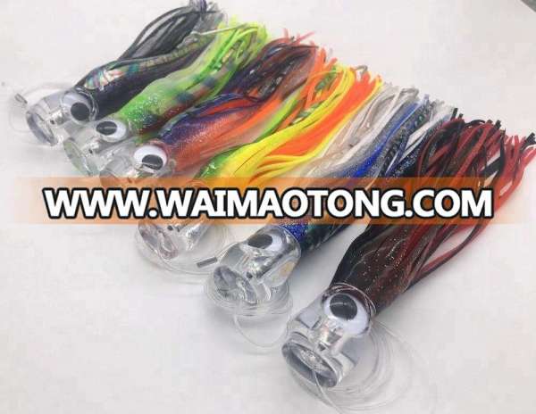 sport fishing lure teaser Rigged trolling lure Crystal heads Pusher with squid skirts in blue lure bag